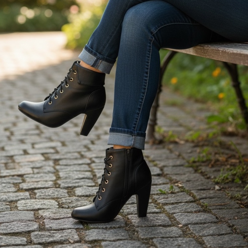 Faux Leather Black Lace-Up Ankle Boots